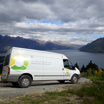 Company van for InterGroup Hydro Excavation services and city cleaning services including grease traps, litter bin cleaning and waste management services in South Taranaki, Hamilton, Dunedin, Kawerau New Zealand.